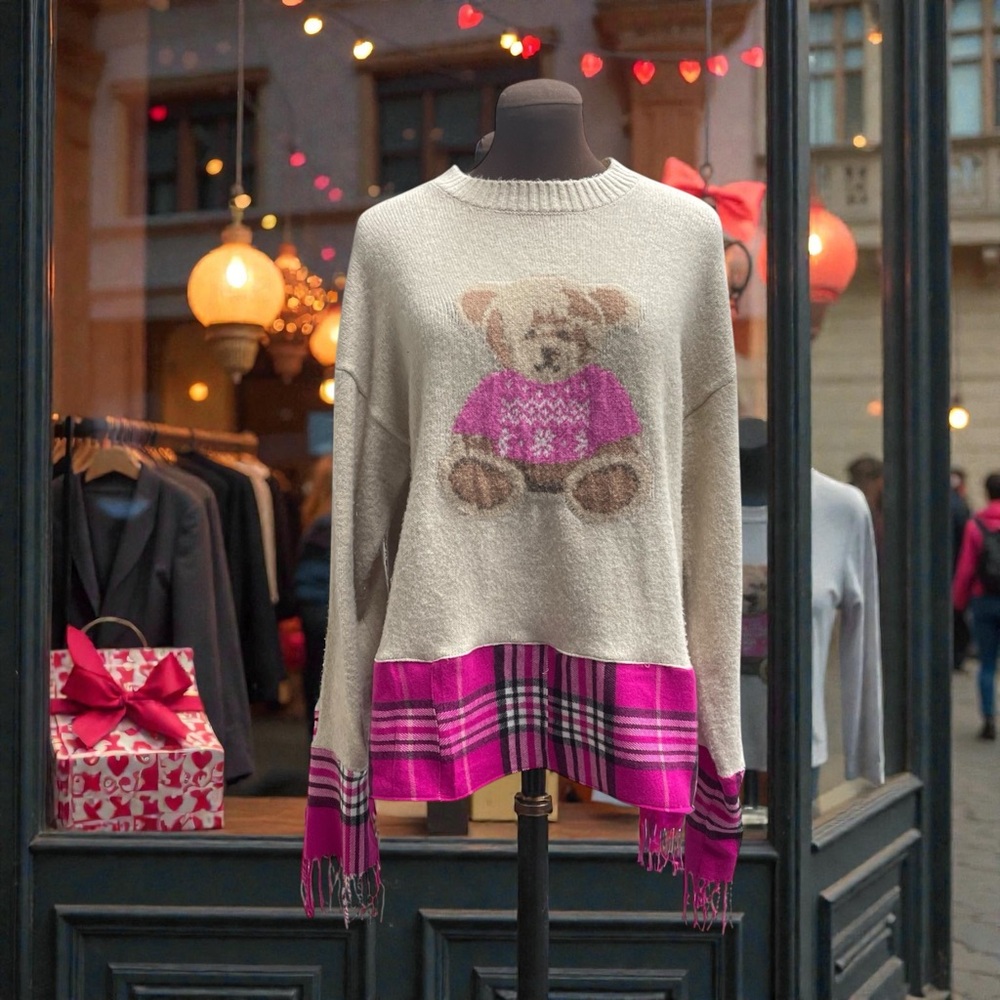 Cozy Beige Sweater with Pink Accents